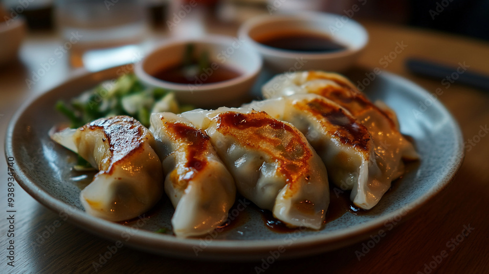 Deliciously steaming dumplings served with flavorful dipping sauces at a cozy restaurant during a chilly evening Deliciously steaming dumplings served with flavorful dipping sauces at a cozy restaurant during a chilly evening