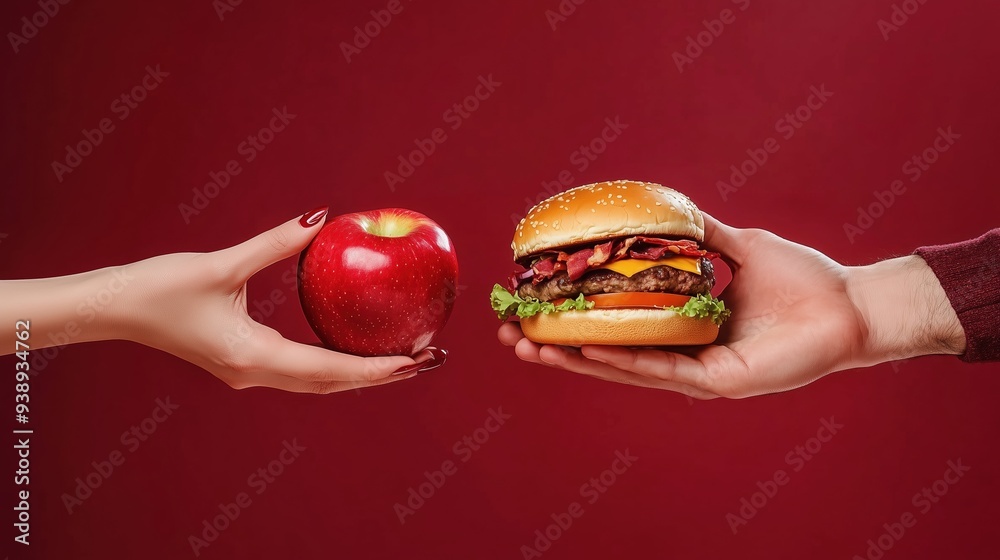 Close-Up of a Woman’s Hand Holding an Apple and a Man’s Hands Holding a Burger Against a Red Background, Highlighting Food Choices and Dietary Preferences in a Realistic Photograph Close-Up of a Woman’s Hand Holding an Apple and a Man’s Hands Holding a Burger Against a Red Background, Highlighting Food Choices and Dietary Preferences in a Realistic Photograph