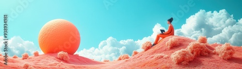 Surreal scene of an individual sitting on pastel-colored hills with a giant orange sphere against a bright blue sky and fluffy clouds. photo