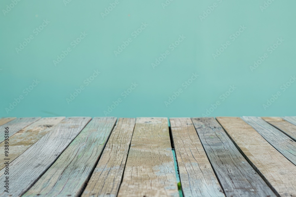 empty wooden deck table soft blue mint wall for product present abstract