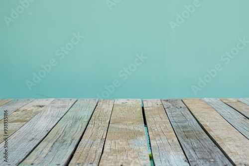 empty wooden deck table soft blue mint wall for product present abstract photo