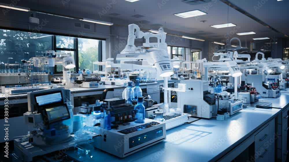 Modern laboratory filled with equipment and scientific instruments at dusk