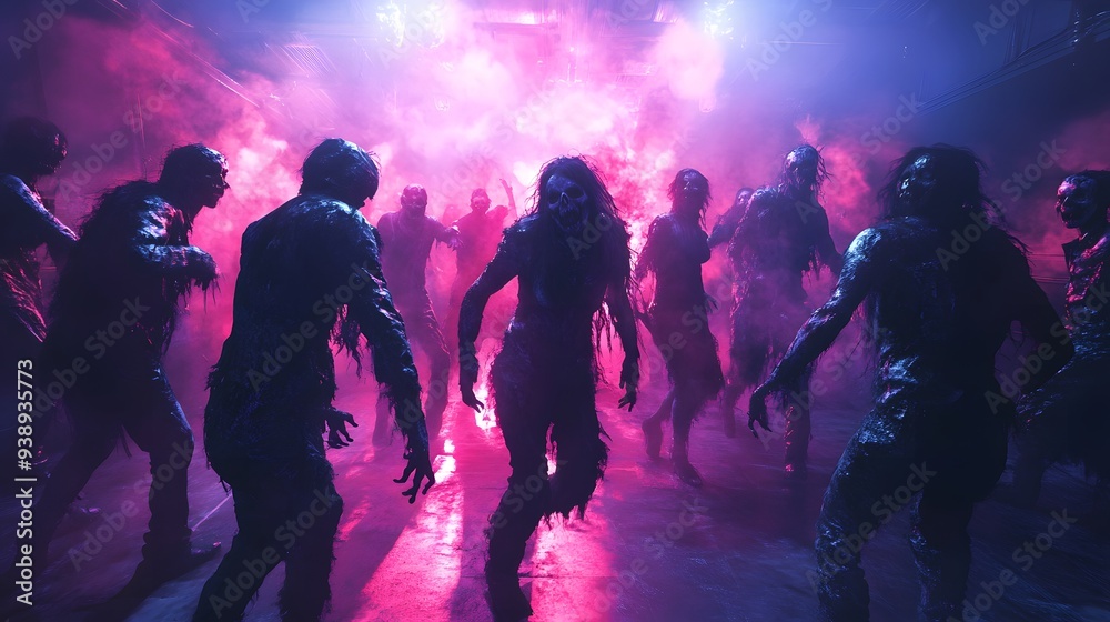 Fototapeta premium dance party where attendees are dressed as zombies and other spooky characters