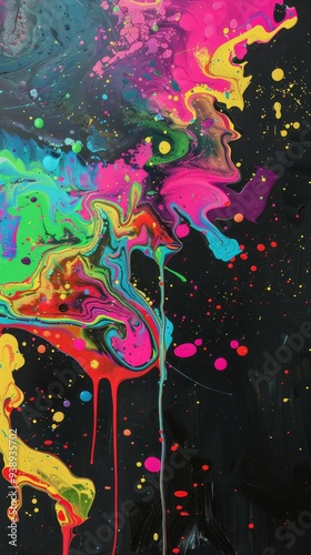 A painting of colorful liquid poured into a black background, featuring neon-infused digitalism with whimsical topography and psychedelic artwork influences. photo