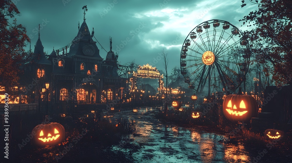 Halloween carnival with spooky rides like a haunted house maze, ghost trains, and eerie Ferris wheel Halloween carnival with spooky rides like a haunted house maze, ghost trains, and eerie Ferris wheel