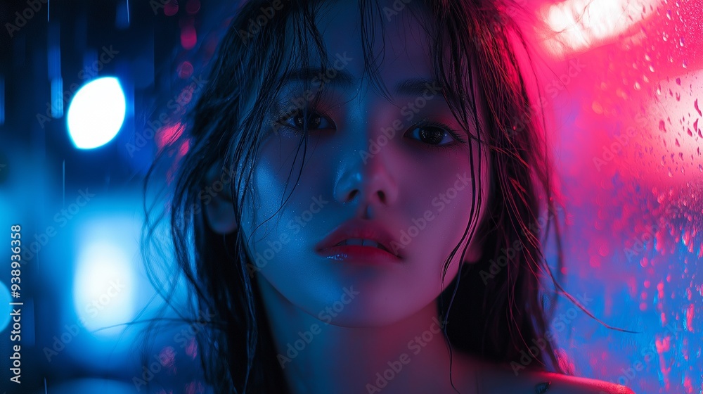 portrait of a woman with neon lights on her face portrait of a woman with neon lights on her face