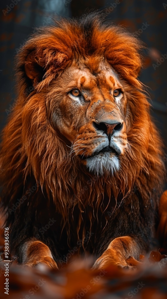 Fototapeta premium Majestic lion resting in the wild with striking orange mane and thoughtful expression captured during golden hour