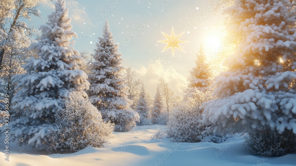 Snowy Forest Landscape with a Golden Star Snowy Forest Landscape with a Golden Star