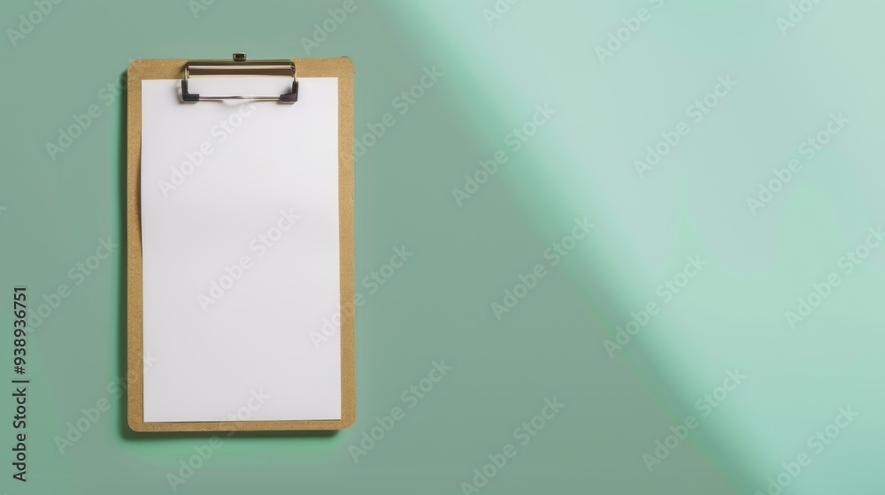 Blank clipboard resting against a green wall with soft lighting illuminating the surface in a calm and organized workspace Blank clipboard resting against a green wall with soft lighting illuminating the surface in a calm and organized workspace