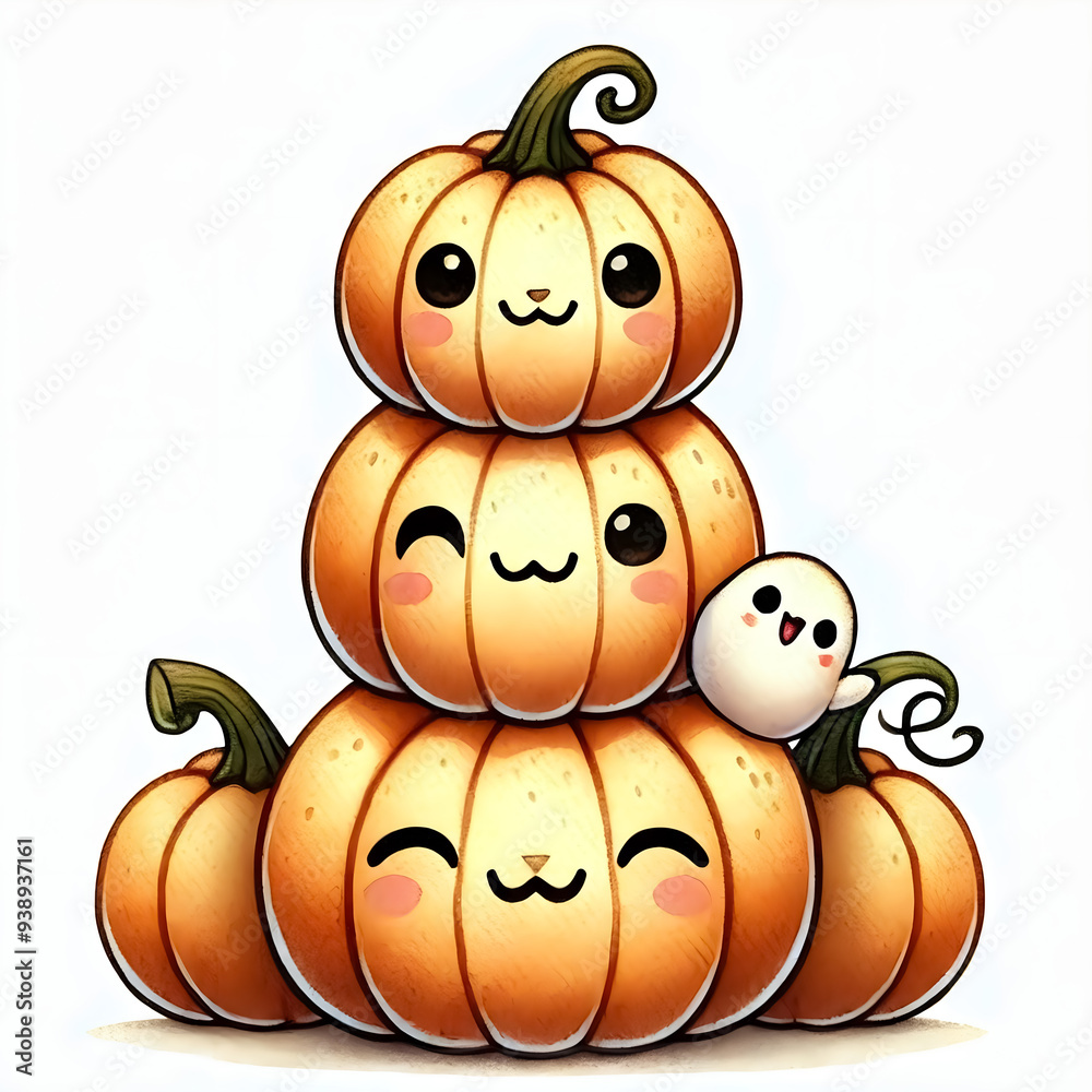 A family of adorable pumpkins, each with different sizes and expressions, enjoying Halloween together. A family of adorable pumpkins, each with different sizes and expressions, enjoying Halloween together.