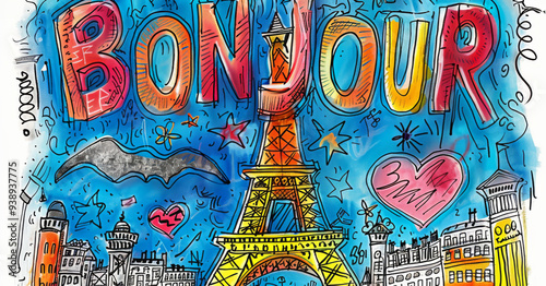 Colorful artistic rendition of the Eiffel Tower with the greeting “Bonjour” representing Paris landmarks and a playful, vibrant atmosphere filled with various doodles