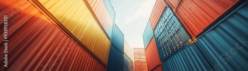 Vibrant containers stacked in a shipping yard. Brightly colored shipping containers create a geometric, industrial landscape. photo