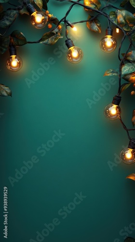 Warm-toned holiday LED lights, 3D minimal design, on a green background