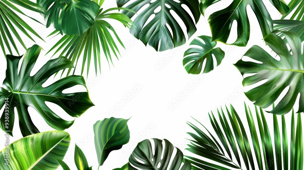 Tropical leaves banner isolated on white background, Fresh tropic plant leaf variety
