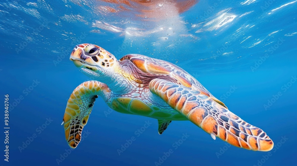 Fototapeta premium Loggerhead Turtle Underwater Exploration, A Vibrant Dive Into the Blue Ocean, Witness the Graceful Movement and Captivating Beauty of This Magnificent Sea Creature as It Navigates the Underwater World