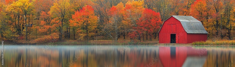 A vibrant autumn scene featuring a red barn reflecting in a tranquil lake surrounded by colorful fall foliage. A vibrant autumn scene featuring a red barn reflecting in a tranquil lake surrounded by colorful fall foliage.