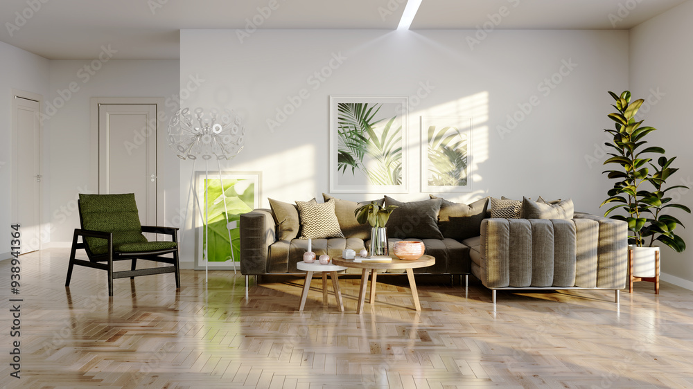 Fototapeta premium Large luxury modern bright interiors room mockup illustration living 3D rendering image