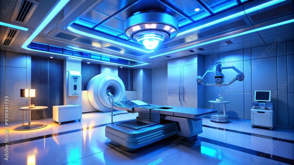 Modern cancer therapy machine beaming intense blue light into patient's body, surrounded by sterile hospital equipment and futuristic control panels in a dimly lit room. Modern cancer therapy machine beaming intense blue light into patient's body, surrounded by sterile hospital equipment and futuristic control panels in a dimly lit room.