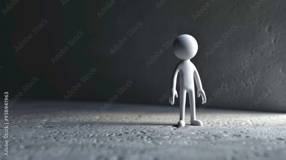 Obraz premium A solitary figure stands in a dimly lit space with textured concrete floors and walls, creating a thought-provoking atmosphere of isolation and introspection at dusk