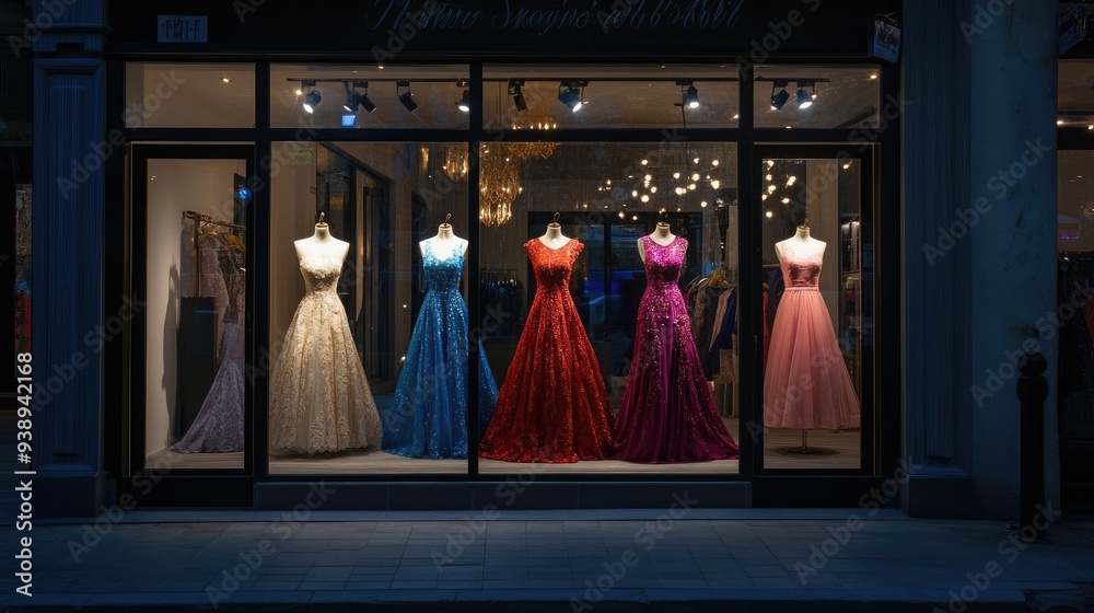 Stylish Boutique at Night Featuring Elegant Evening Gowns Stylish Boutique at Night Featuring Elegant Evening Gowns