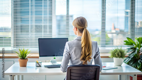 Business woman working at a laptop, looking from the back, a freelancer girl or a student at a computer