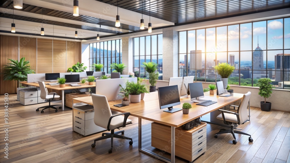 Modern corporate office with sleek desks, laptops, and organized workstations, conveying efficiency, productivity, and professionalism in a fast-paced business service environment. Modern corporate office with sleek desks, laptops, and organized workstations, conveying efficiency, productivity, and professionalism in a fast-paced business service environment.