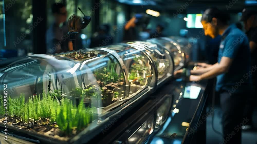 Visitor observing intricate miniature ecosystems in a modern exhibit Visitor observing intricate miniature ecosystems in a modern exhibit