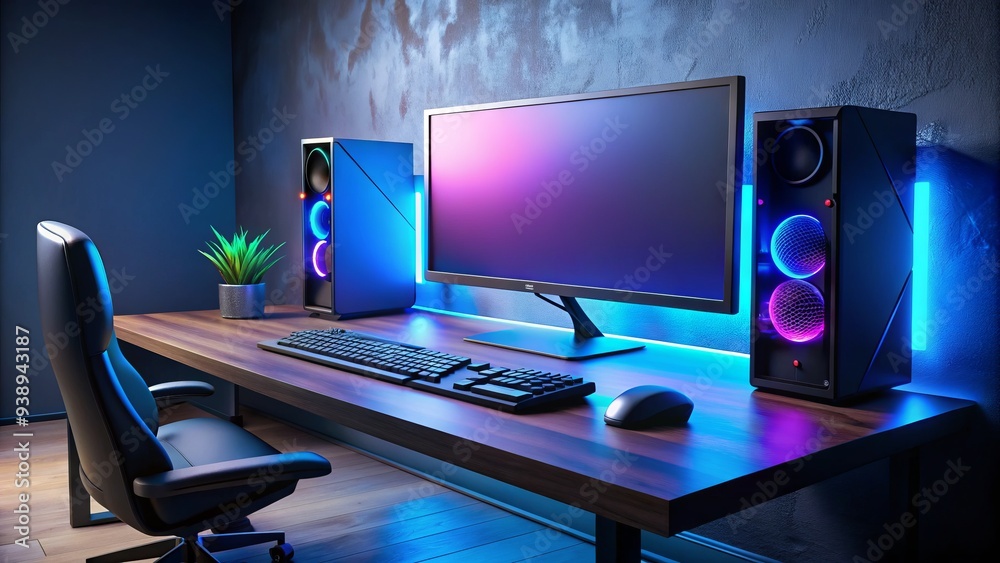Naklejka premium Modern gaming setup with high-performance computer, vibrant keyboard, and large curved monitor, situated on a sleek, black desk with a subtle LED backlight.