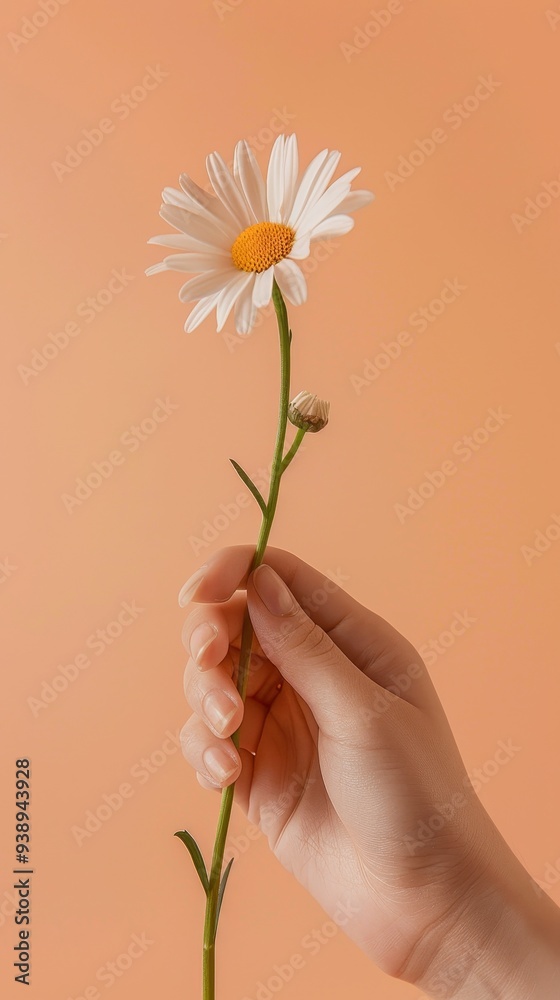 A simple image where a hand delicately holds a single daisy flower with a peachy background, symbolizing purity and innocence. A simple image where a hand delicately holds a single daisy flower with a peachy background, symbolizing purity and innocence.