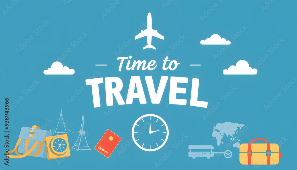 Travel time vector banner design. Time to travel text with travelling ...