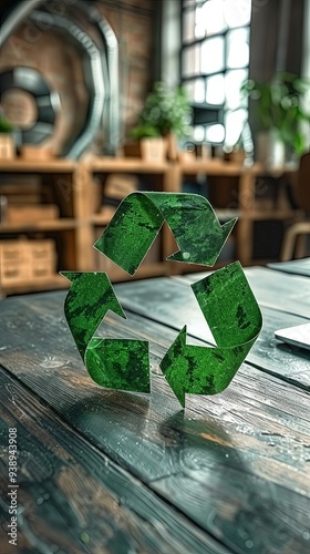 A green recycling symbol hovers above a weathered wooden table in a cozy office space, emphasizing the importance of sustainable practices and eco-friendly environments. photo