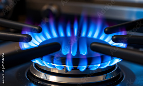 a gas cooker with bright blue propane flames dancing around the burner