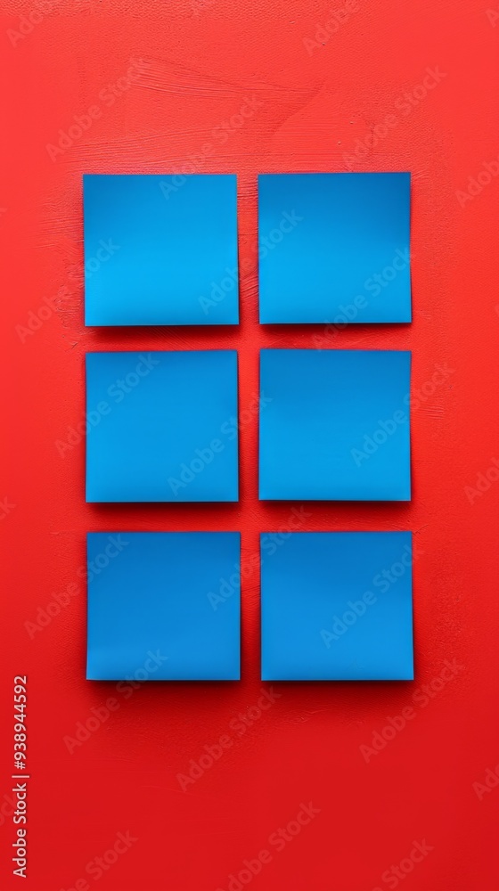 Six blue sticky notes arranged in a grid pattern on a vibrant red surface, showcasing a simple yet striking visual contrast for creative brainstorming or organization tasks Six blue sticky notes arranged in a grid pattern on a vibrant red surface, showcasing a simple yet striking visual contrast for creative brainstorming or organization tasks