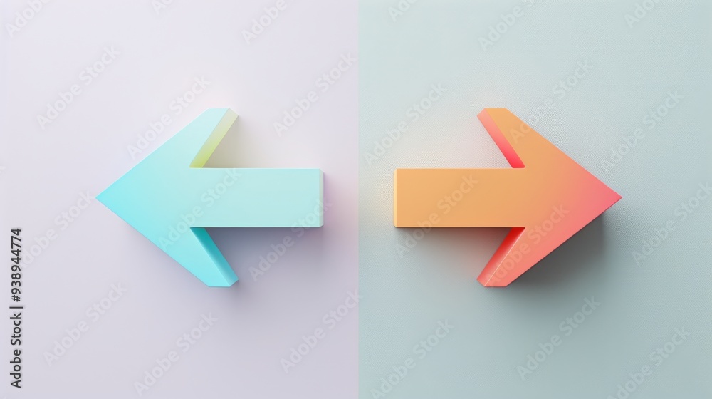 Colorful directional arrows in contrasting shades representing movement and choice on a minimalist background, created in a modern artistic style Colorful directional arrows in contrasting shades representing movement and choice on a minimalist background, created in a modern artistic style