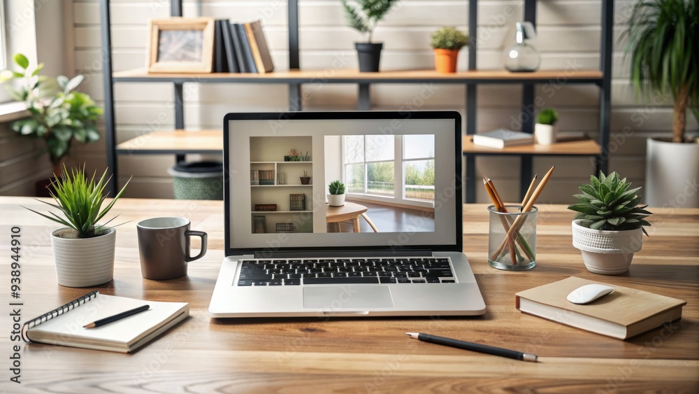 Modern laptop on a wooden desk showing a website's homepage with a clean and minimalistic design, surrounded by notebooks and office supplies. Modern laptop on a wooden desk showing a website's homepage with a clean and minimalistic design, surrounded by notebooks and office supplies.