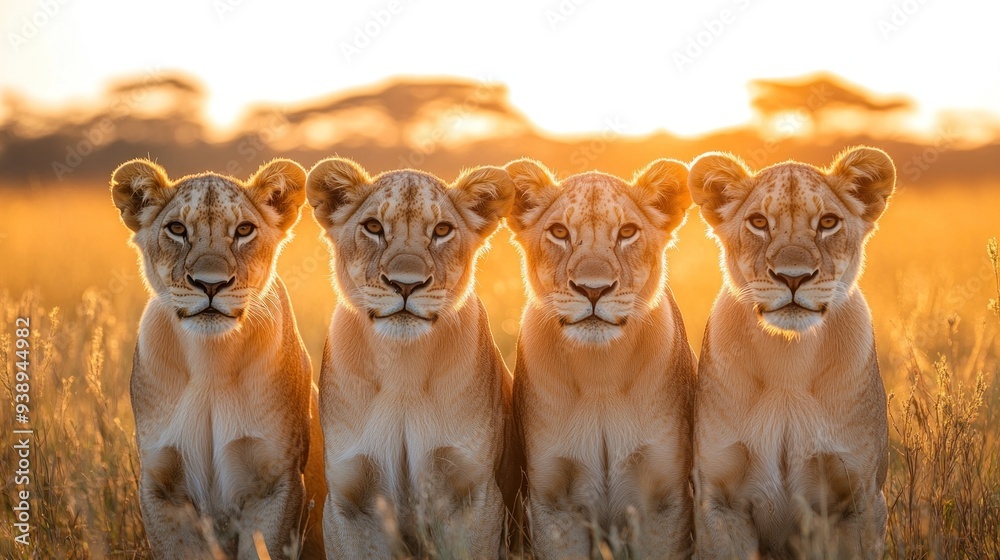 Four Lionesses at Sunset in African Savanna Four Lionesses at Sunset in African Savanna