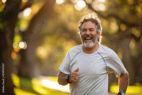 Happy older man jogging in a sunlit park with a big smile