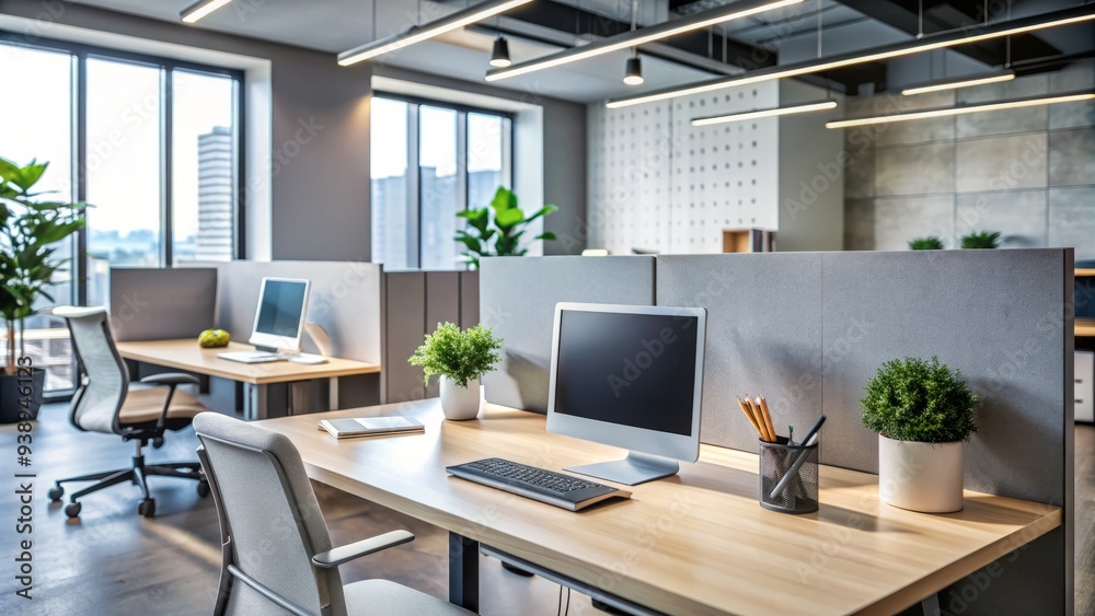 Modern office cubicle with a grey wall dividing the workspace, featuring a computer, papers, and office supplies, with a blurry background of coworkers. Modern office cubicle with a grey wall dividing the workspace, featuring a computer, papers, and office supplies, with a blurry background of coworkers.