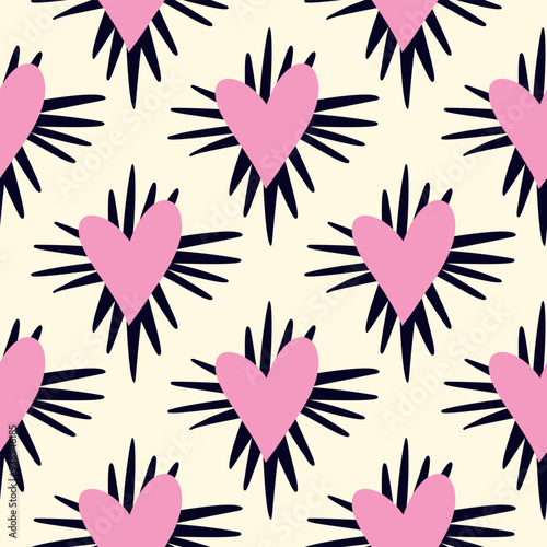 Valentines Day pattern with ugly funky hearts. Groovy cute love characters. Vector illustration in doodle style
