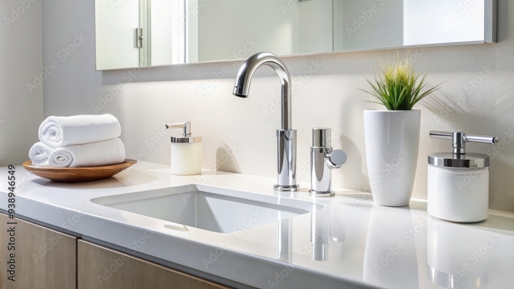 Modern restroom counter with sleek faucet, soap dispenser, and paper towel holder against a clean white backdrop, evoking a sense of freshness and hygiene. Modern restroom counter with sleek faucet, soap dispenser, and paper towel holder against a clean white backdrop, evoking a sense of freshness and hygiene.