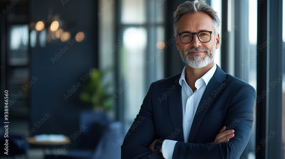 Mature businessman standing confidently in an office setting, posing for a professional portrait Mature businessman standing confidently in an office setting, posing for a professional portrait