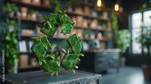 A green eco-friendly symbol crafted with natural elements, displayed on a wooden table in a green office environment, highlighting sustainability efforts indoors. photo