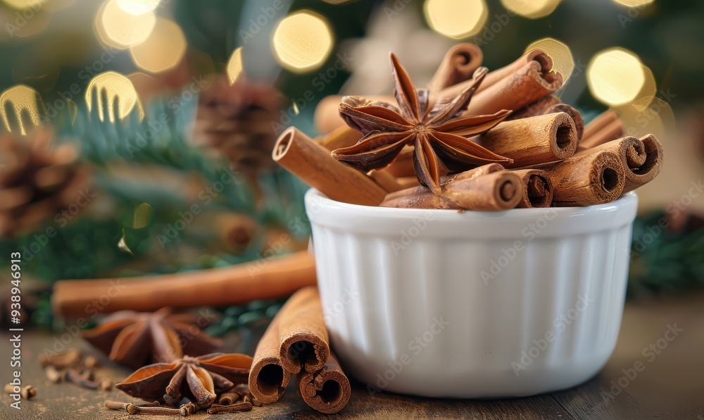 Fresh cinnamon sticks and star anise in a white porcelain bowl. Free copy space for text. Fresh cinnamon sticks and star anise in a white porcelain bowl. Free copy space for text.