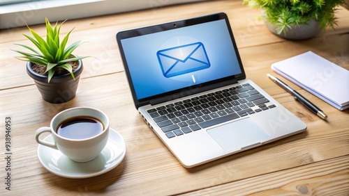 Modern smartphone and laptop on desk with email and message icons on screen, surrounded by office supplies and a cup of coffee. photo