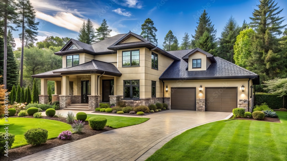 Modern suburban house with cream-colored façade, black roof, and lush green lawn, surrounded by tall trees and a meandering stone pathway. Modern suburban house with cream-colored façade, black roof, and lush green lawn, surrounded by tall trees and a meandering stone pathway.