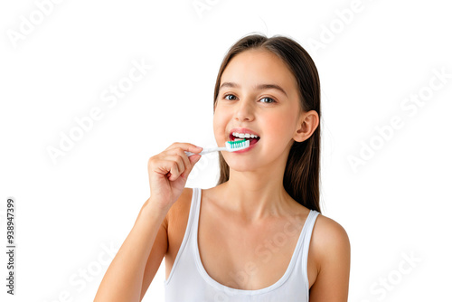 girl brushing her teeth, transparent background