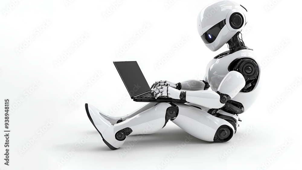 Futuristic humanoid robot holding and working on a white background. Futuristic humanoid robot holding and working on a white background.