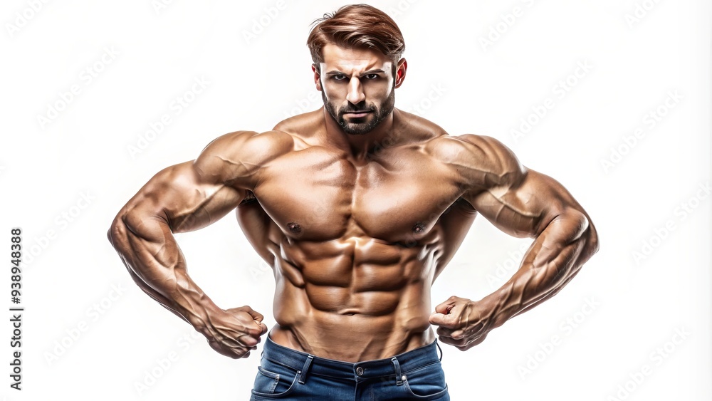 Muscular Male With Determined Expression, Isolated On White Background, Displaying Strength And Confidence Muscular Male With Determined Expression, Isolated On White Background, Displaying Strength And Confidence