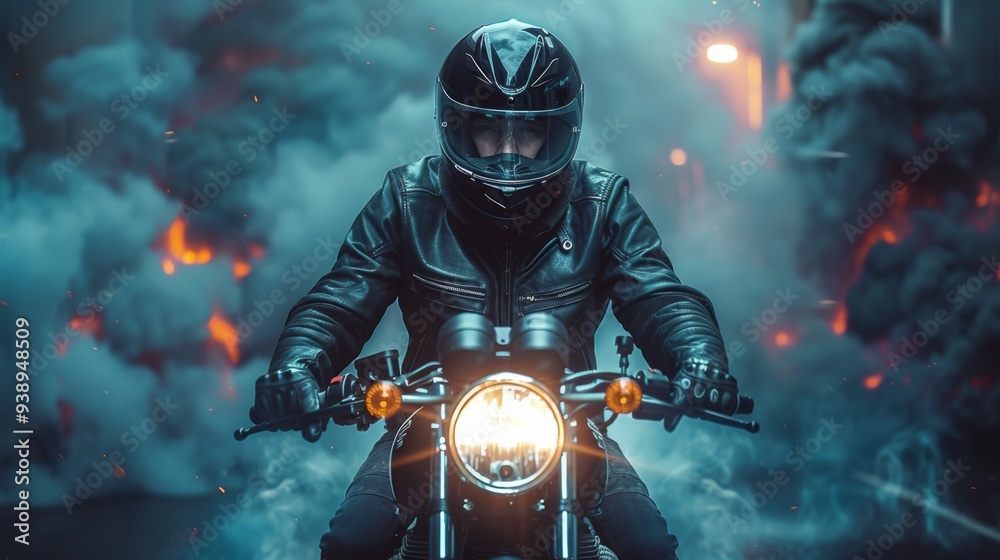 Fototapeta premium A motorcyclist in a leather jacket rides through a foggy urban street illuminated by the glow of headlights during twilight, creating a dramatic atmosphere filled with mystery