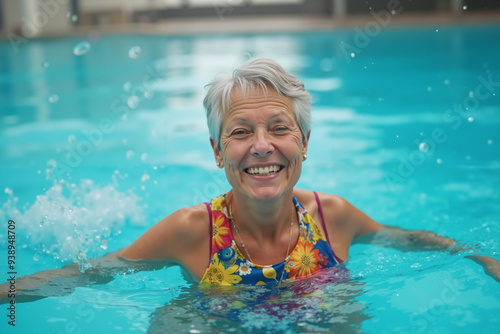 Joyful Senior Female Swimmer: Inspiring Active Aging in Crystal-Clear Pool for Health and Wellness Campaigns